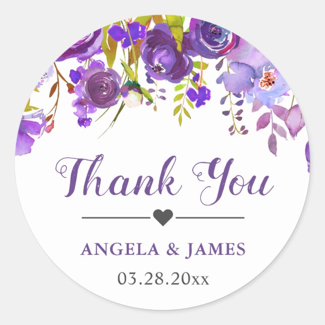 Ultra Violet Purple Floral Wedding Favour Thank Yo Classic Round Sticker (Front)