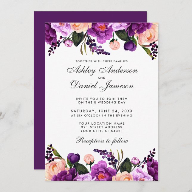Ultra Violet Purple | Floral Wedding Invitation GP (Front/Back)