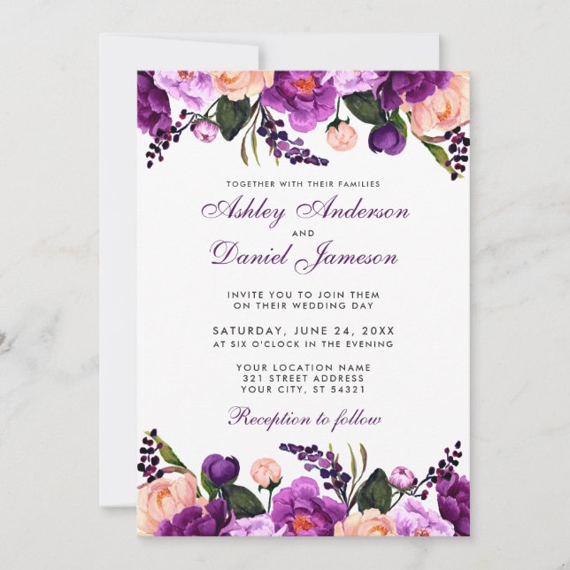 Ultra Violet Purple | Floral Wedding Invitation PS (Front)