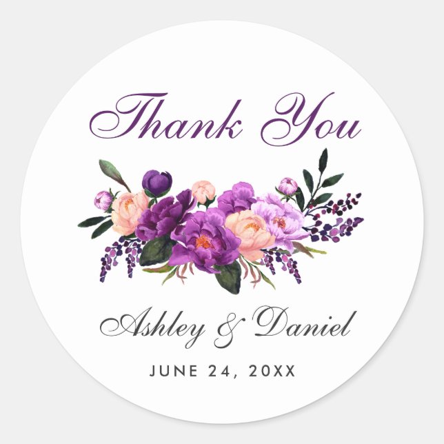 Ultra Violet Purple Floral Wedding Thank You GP Classic Round Sticker (Front)