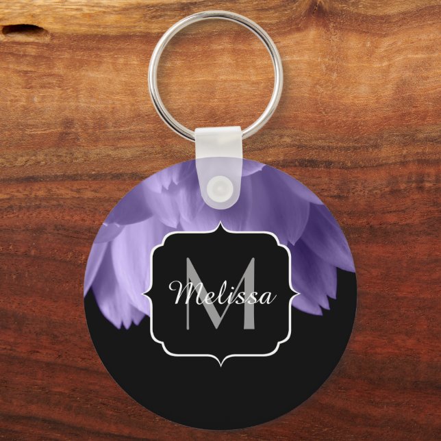 Ultra violet purple flower petals black Monogram Key Ring (Front)