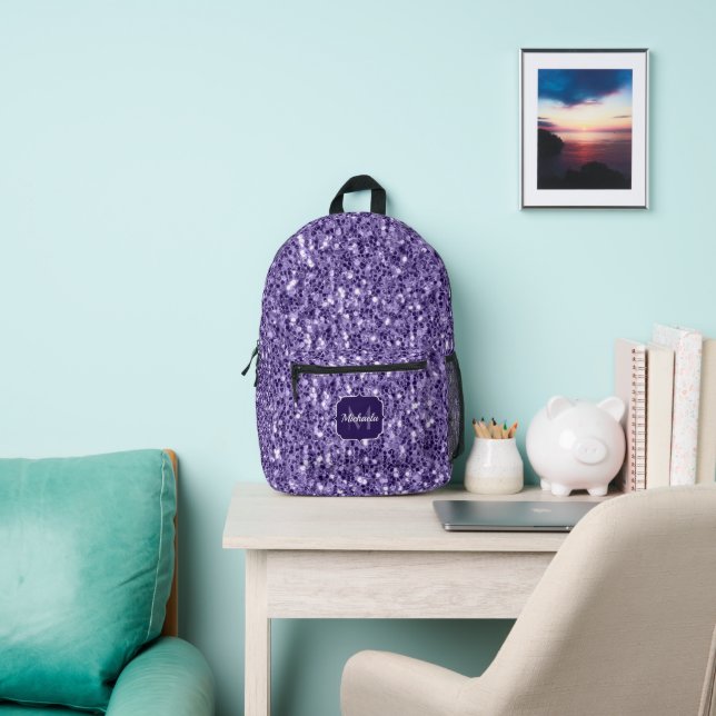 Ultra violet purple glitter sparkles Monogram Printed Backpack (Insitu)
