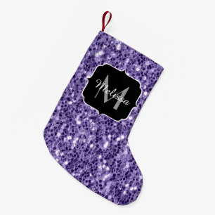 Ultra violet purple glitter sparkles Monogram Small Christmas Stocking