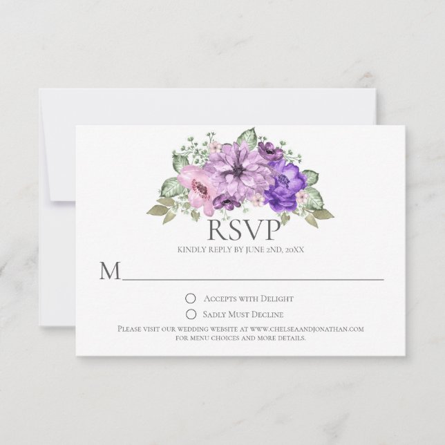 Ultra Violet Purple Pink Watercolor Flowers RSVP (Front)
