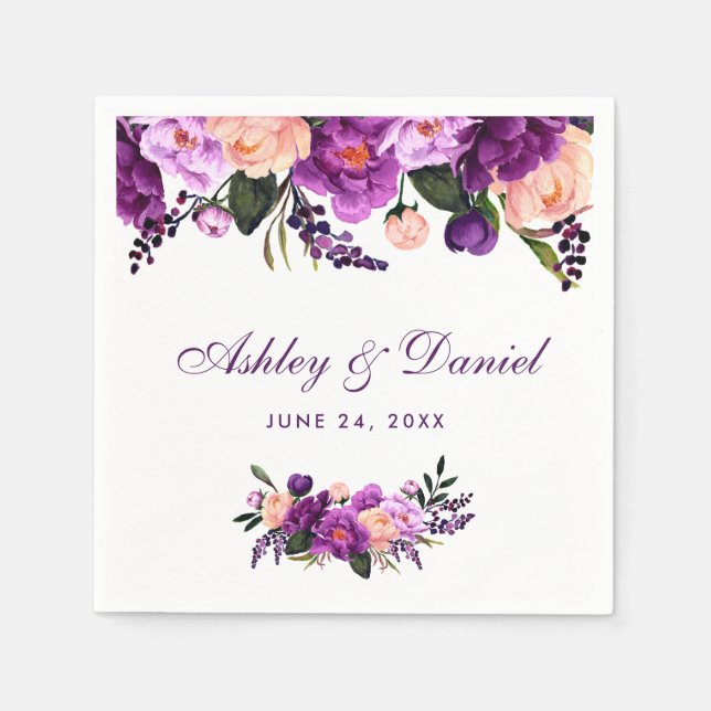 Ultra Violet Purple Watercolor Floral Wedding PS Napkin (Front)