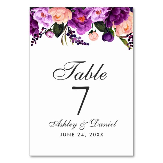 Ultra Violet Purple Watercolor Floral Wedding Table Number (Front)