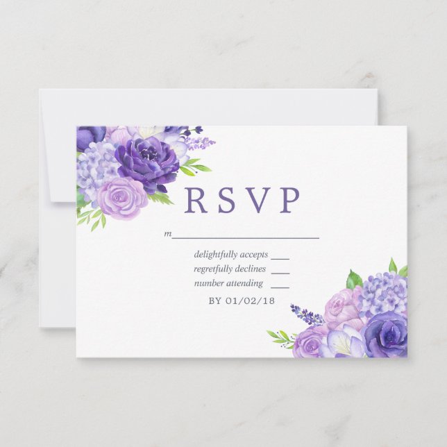 Ultra Violet themed Floral Wedding RSVP (Front)