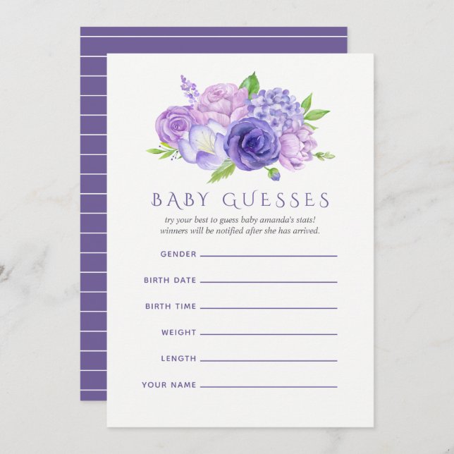 Ultra Violet Watercolor Floral Baby Shower Guesses Invitation (Front/Back)
