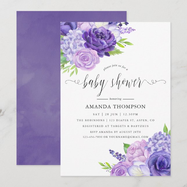 Ultra Violet Watercolor Floral Baby Shower Invitation (Front/Back)