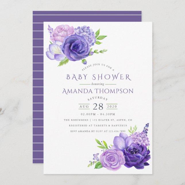 Ultra Violet Watercolor Floral Baby Shower Invite (Front/Back)