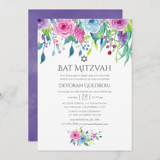 Ultra Violet Watercolor Floral Bat Mitzvah Invitation (Front/Back)