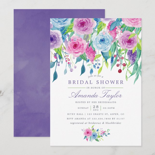 Ultra Violet Watercolor Floral Bridal Shower Invitation (Front/Back)