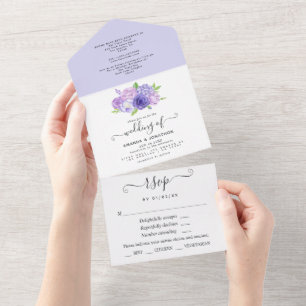 Ultra Violet Watercolor Floral Wedding All In One  Invitation