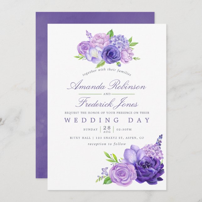 Ultra Violet Watercolor Floral Wedding Invitation (Front/Back)