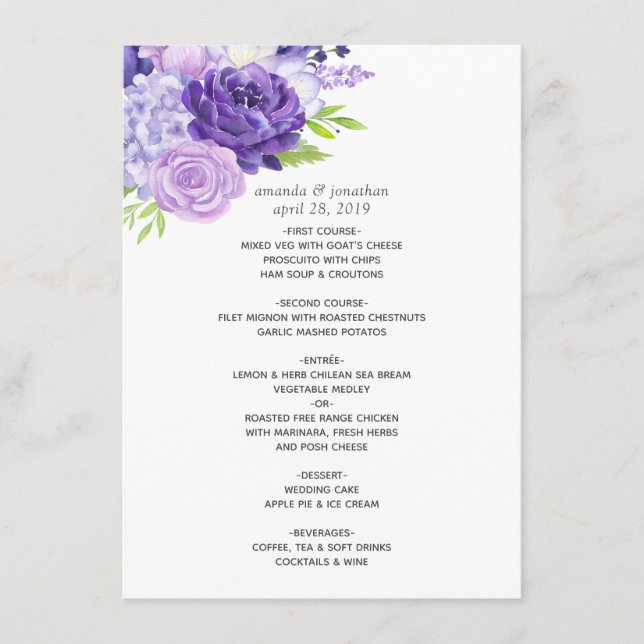 Ultra Violet Watercolor Floral Wedding Menu (Front)
