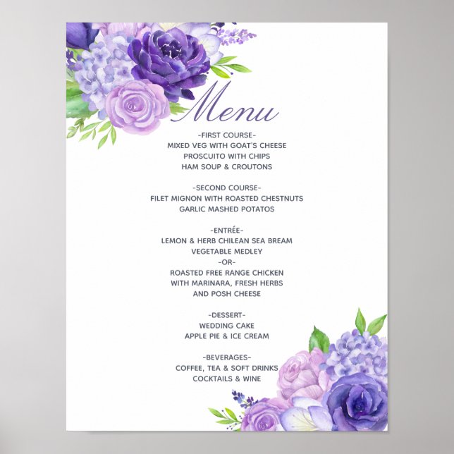 Ultra Violet Watercolor Floral Wedding Menu Poster (Front)