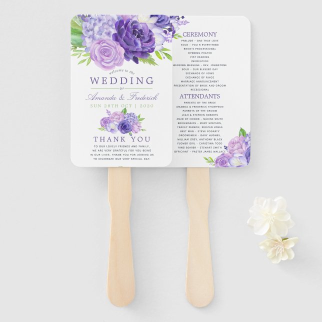 Ultra Violet Watercolor Floral Wedding Program Hand Fan (Front and Back)