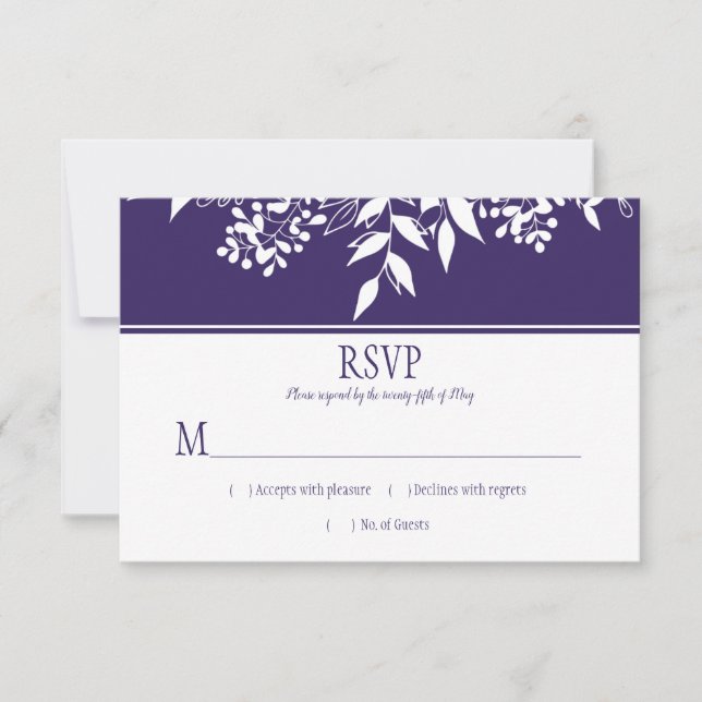 Ultra Violet Watercolor White Leaf Pattern RSVP Card (Front)