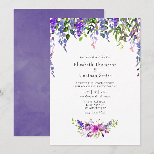 Ultra Violet Wedding Watercolor Floral Invitation (Front/Back)