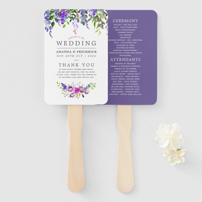 Ultra Violet Wedding Watercolor Floral Program Hand Fan (Front and Back)