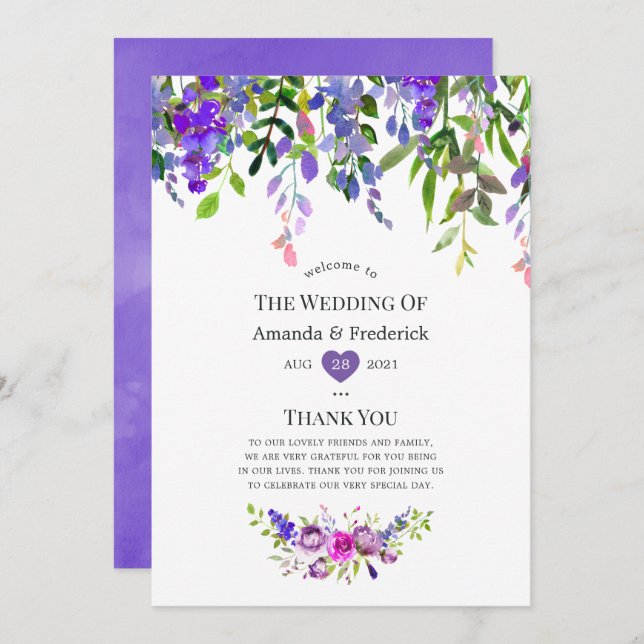 Ultra Violet Wedding Watercolor Floral Programme (Front/Back)