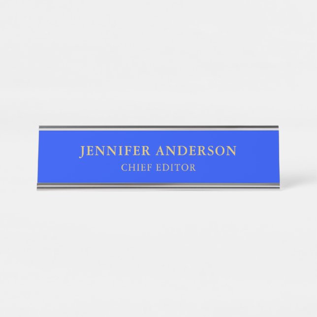 Ultramarine Blue Gold Professional Modern Plain Desk Name Plate (Front)