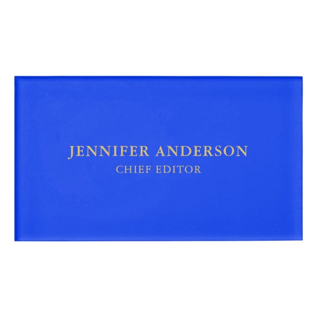 Ultramarine Blue Gold Professional Modern Plain Name Tag (Front)