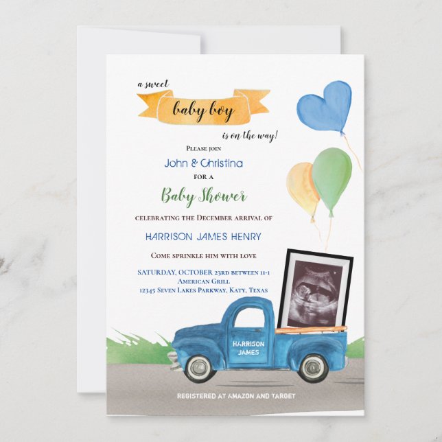 Ultrasound Blue Truck Green Balloons Baby Shower Announcement (Front)