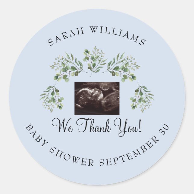  Ultrasound Photo Blue Baby Shower Thank You Classic Round Sticker (Front)