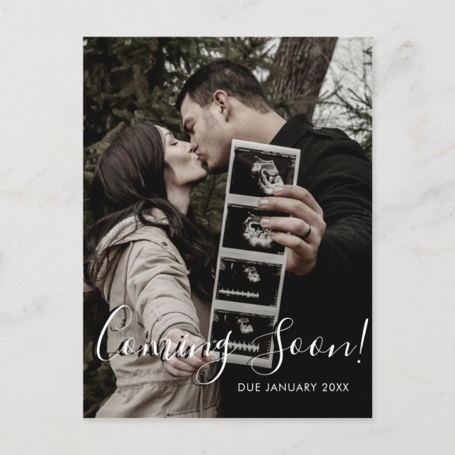Ultrasound Photo Script Coming Soon Pregnancy Announcement Postcard (Front)
