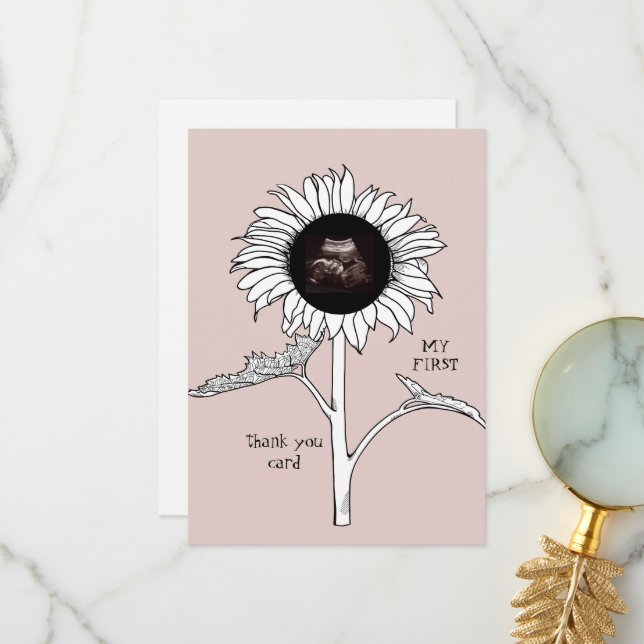Ultrasound Sunflower Pink Funny Baby Shower Thank You Card (Front/Back In Situ)