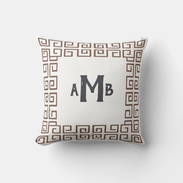 Umber Brown Chinoiserie Greek Key Border Monogram Cushion (Front)