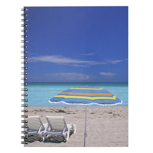 Umbrella and two lounge chairs on beach, Miami Notebook (Front)