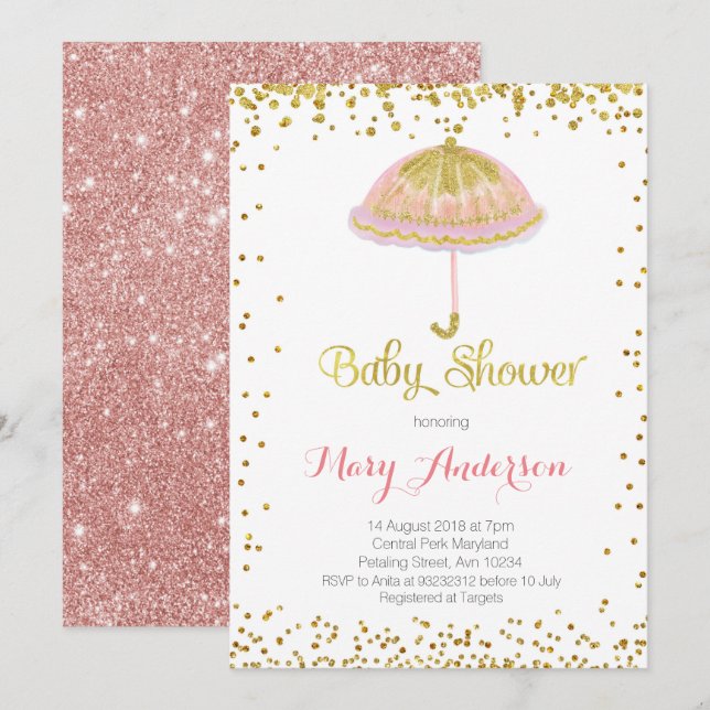Umbrella Baby Shower Invitation Gold Glitter (Front/Back)