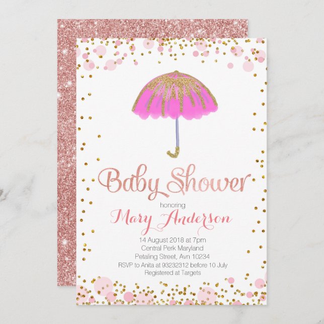 Umbrella Baby Shower Invitation Gold Glitter PINK (Front/Back)