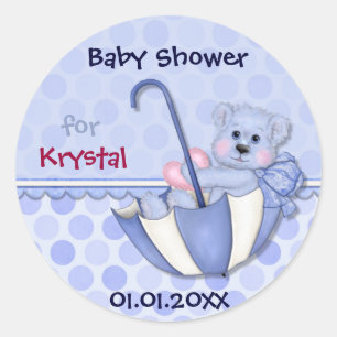 Umbrella Bear Blue Polka Dot Baby Shower Classic Round Sticker