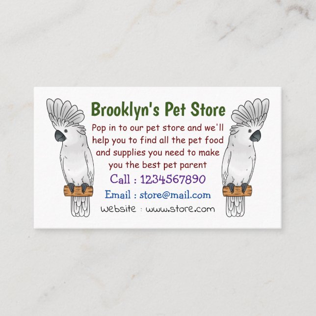 Umbrella cockatoo bird cartoon illustration  business card (Front)