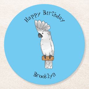 Umbrella cockatoo bird cartoon illustration round paper coaster