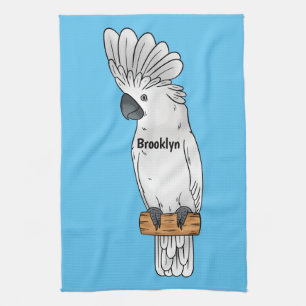 Umbrella cockatoo bird cartoon illustration tea towel