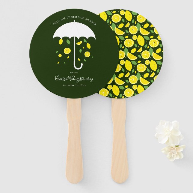 Umbrella Lemons Green Cartoon Baby Shower Hand Fan (Front and Back)