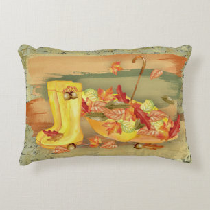 Umbrella, Rain Boots With Orange Leaves Fall Decorative Cushion
