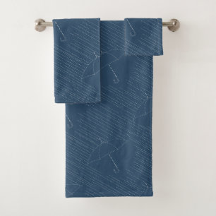 Umbrella Rain Faux Embroidery Stitches Blue Bath Towel Set
