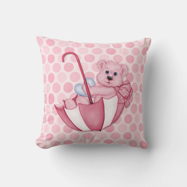 Umbrella Teddy Polka Dots Pink Keepsake Pillow (Front)