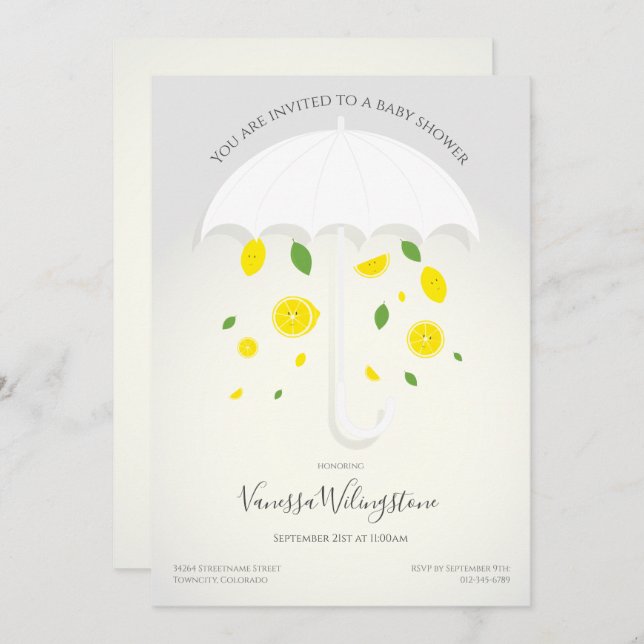 Umbrella White Grey Lemons Cartoon Baby Shower Invitation (Front/Back)