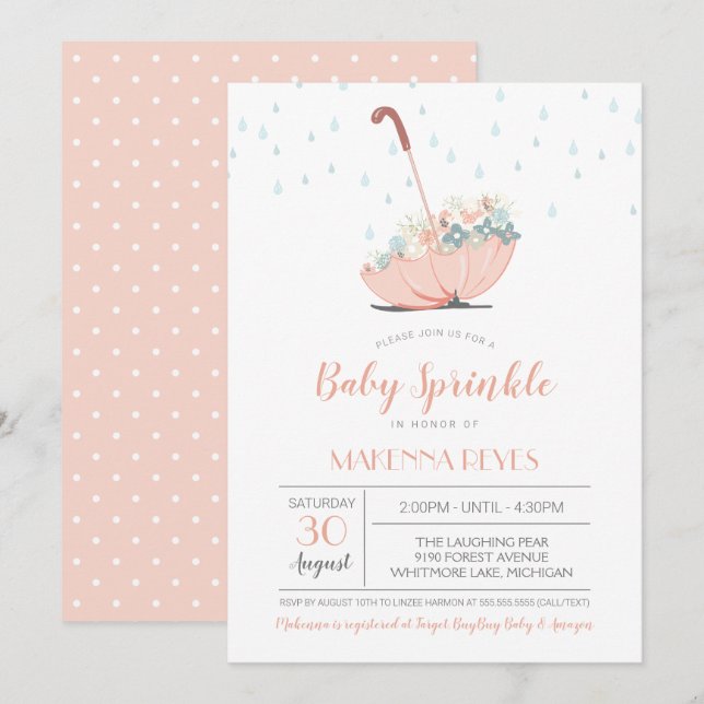 Umbrella with Flowers Girl or Twins Baby Sprinkle Invitation (Front/Back)