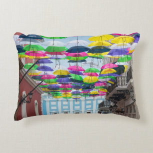 Umbrellas Above San Juan Streets and Mansion Decorative Cushion