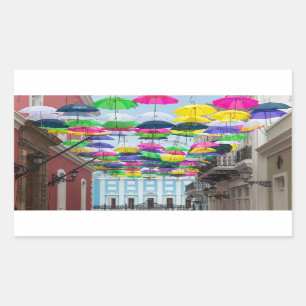 Umbrellas Above San Juan Streets and Mansion Rectangular Sticker