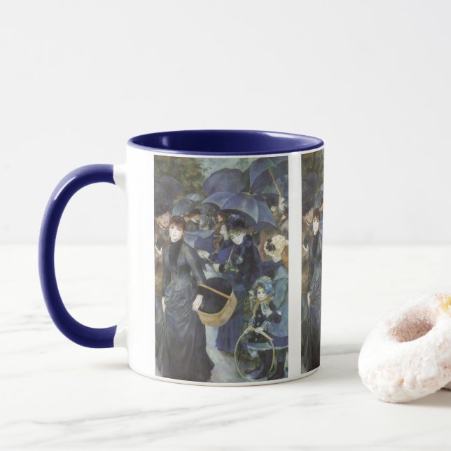 Umbrellas by Pierre Renoir, Vintage Impressionism Mug (With Donut)