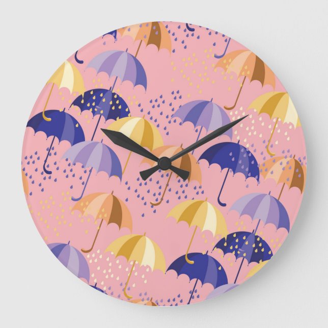 Umbrellas, drops, colourful seamless motif. large clock (Front)