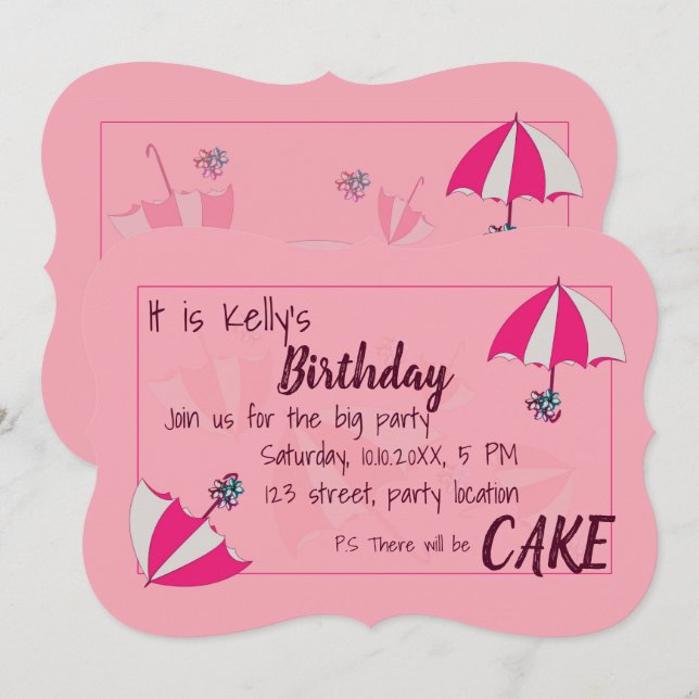 Umbrellas Pink Birthday Invitation (Front/Back)